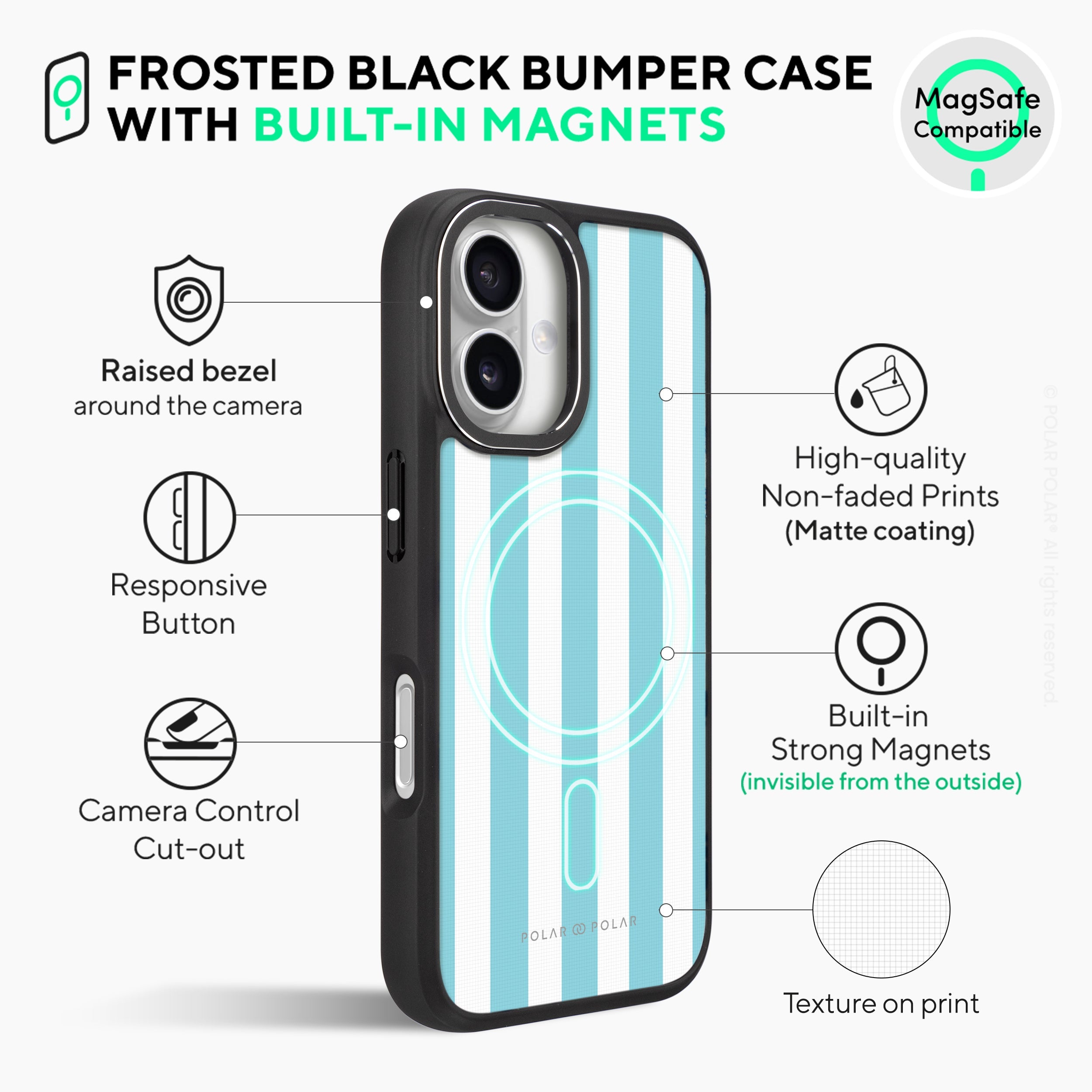 Baby Blue Stripe - iPhone 16 Plus Frosted Black Bumper MagSafe Case