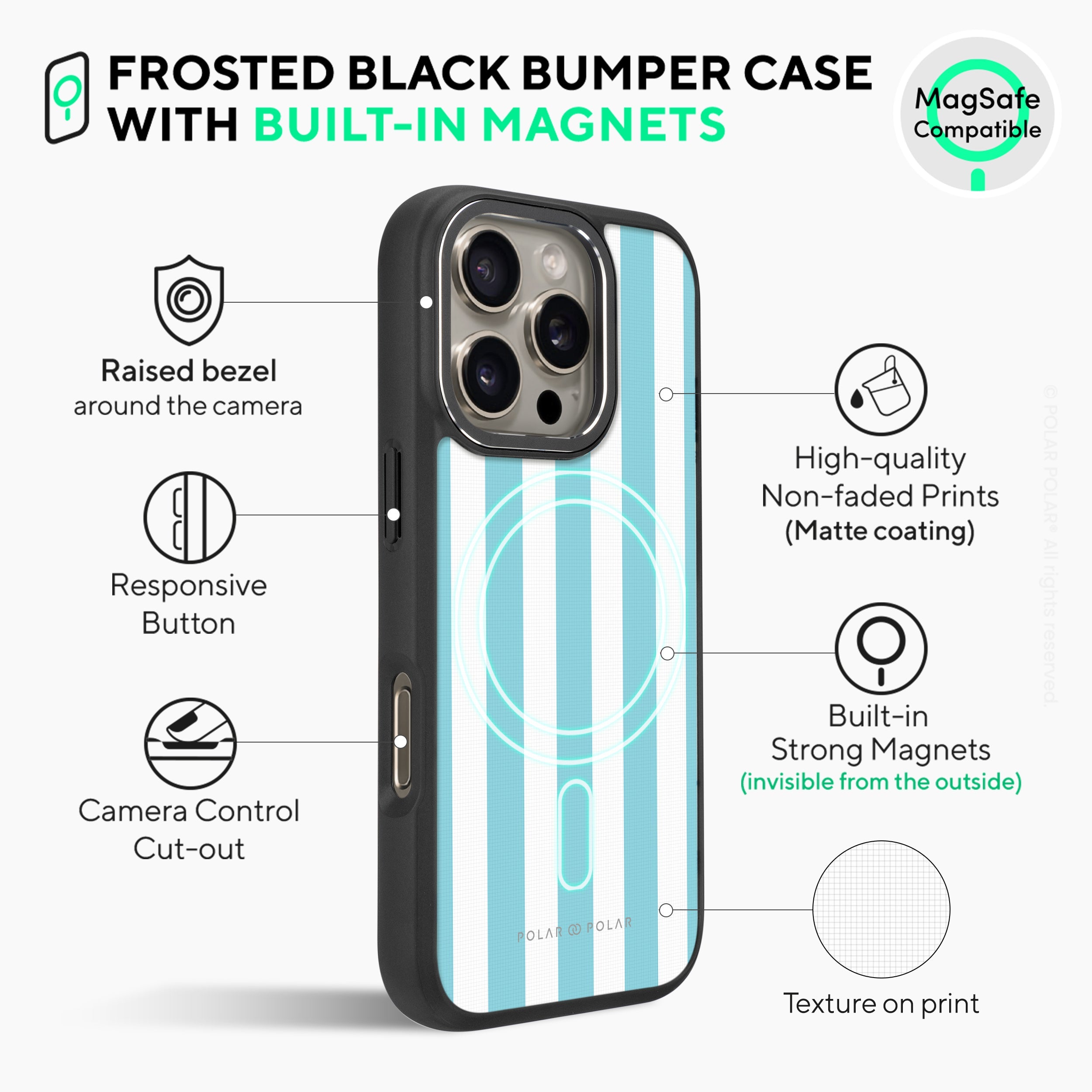 Baby Blue Stripe - iPhone 16 Pro Max Frosted Black Bumper MagSafe Case