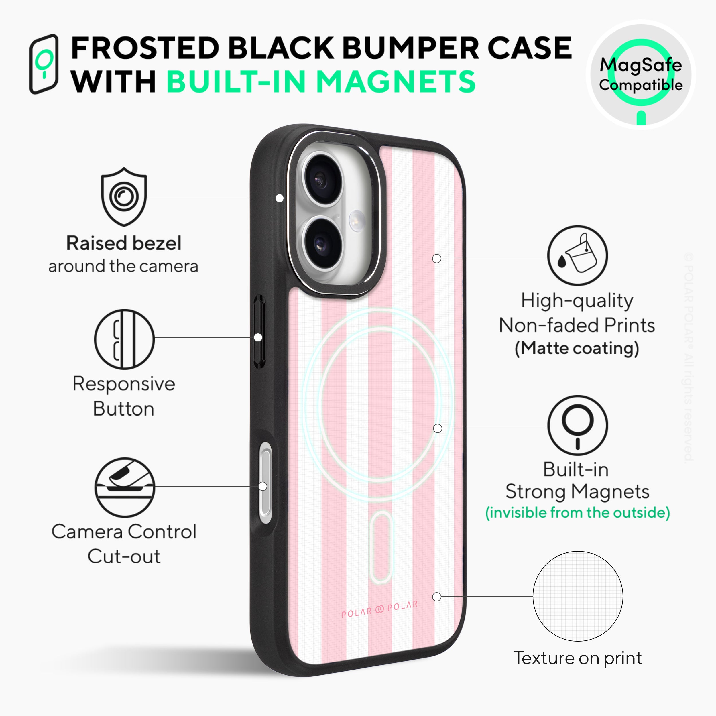 Baby Pink Stripe - iPhone 16 Frosted Black Bumper MagSafe Case