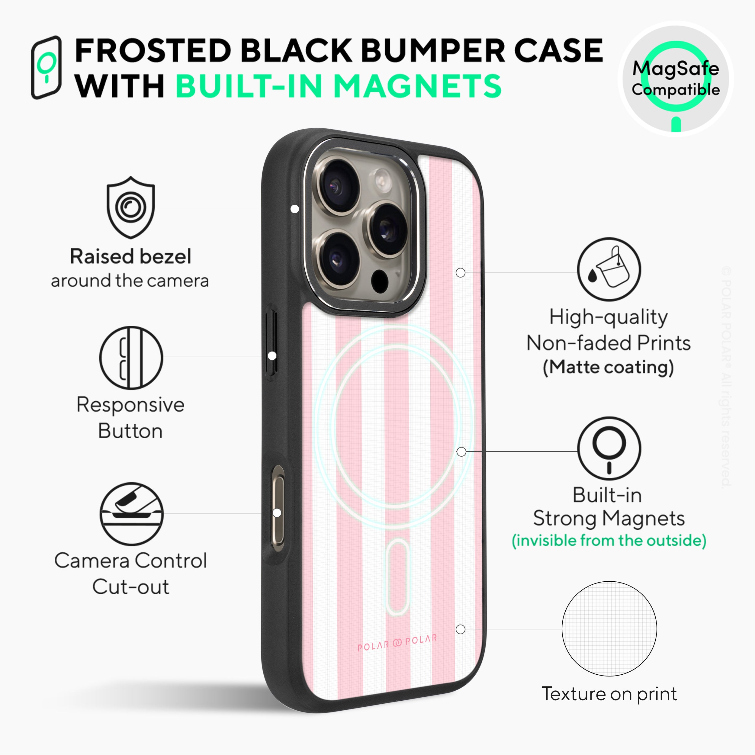 Baby Pink Stripe - iPhone 16 Pro Frosted Black Bumper MagSafe Case
