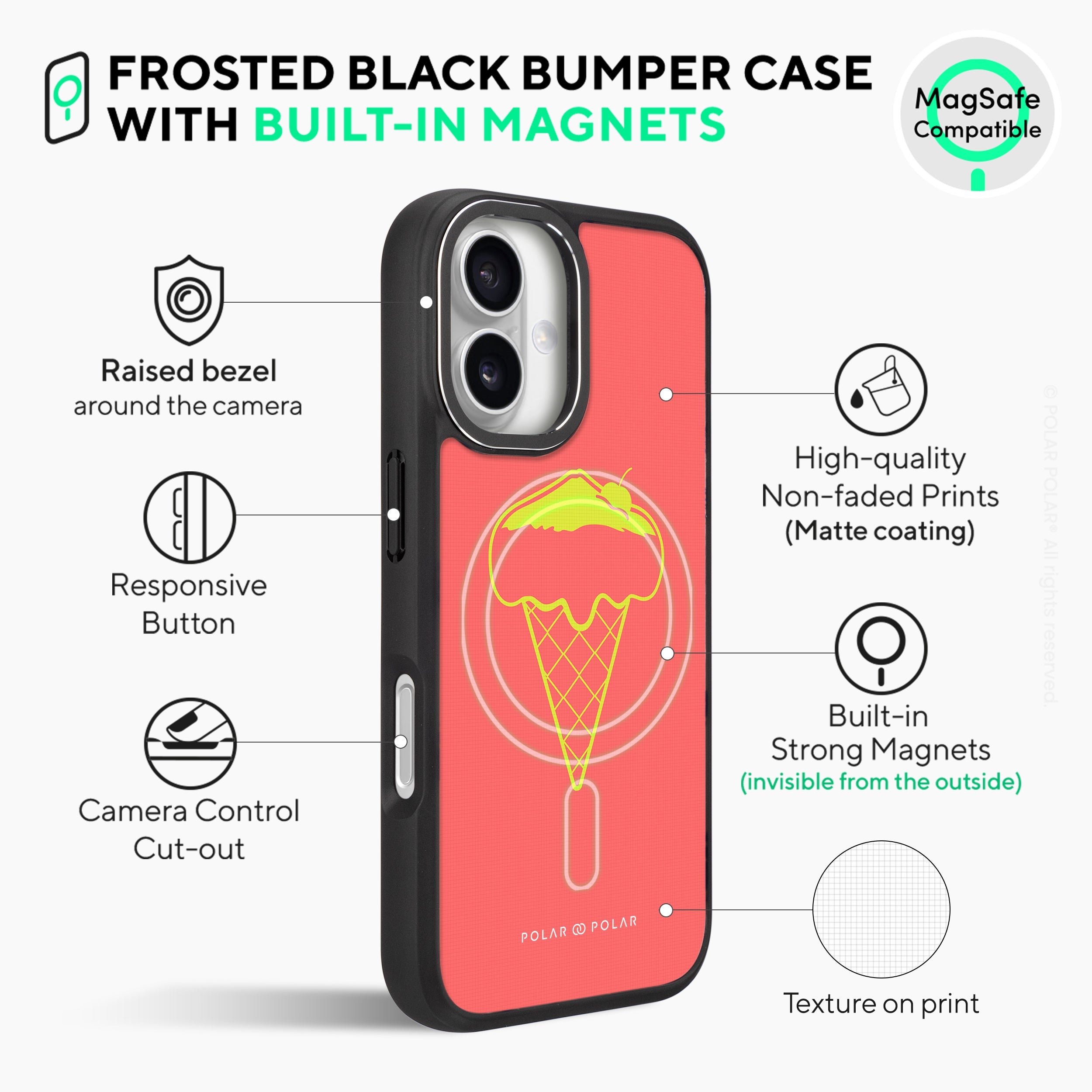 Fujisan Coral Ice Cream - iPhone 16 Frosted Black Bumper MagSafe Case