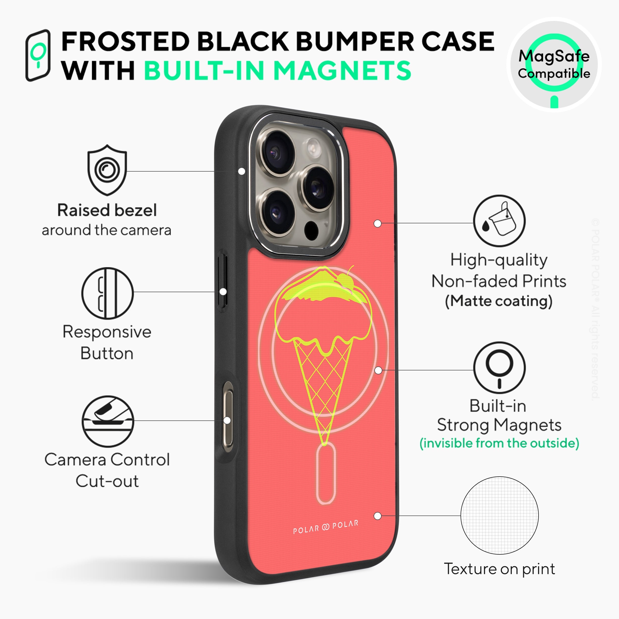 Fujisan Coral Ice Cream - iPhone 16 Pro Frosted Black Bumper MagSafe Case