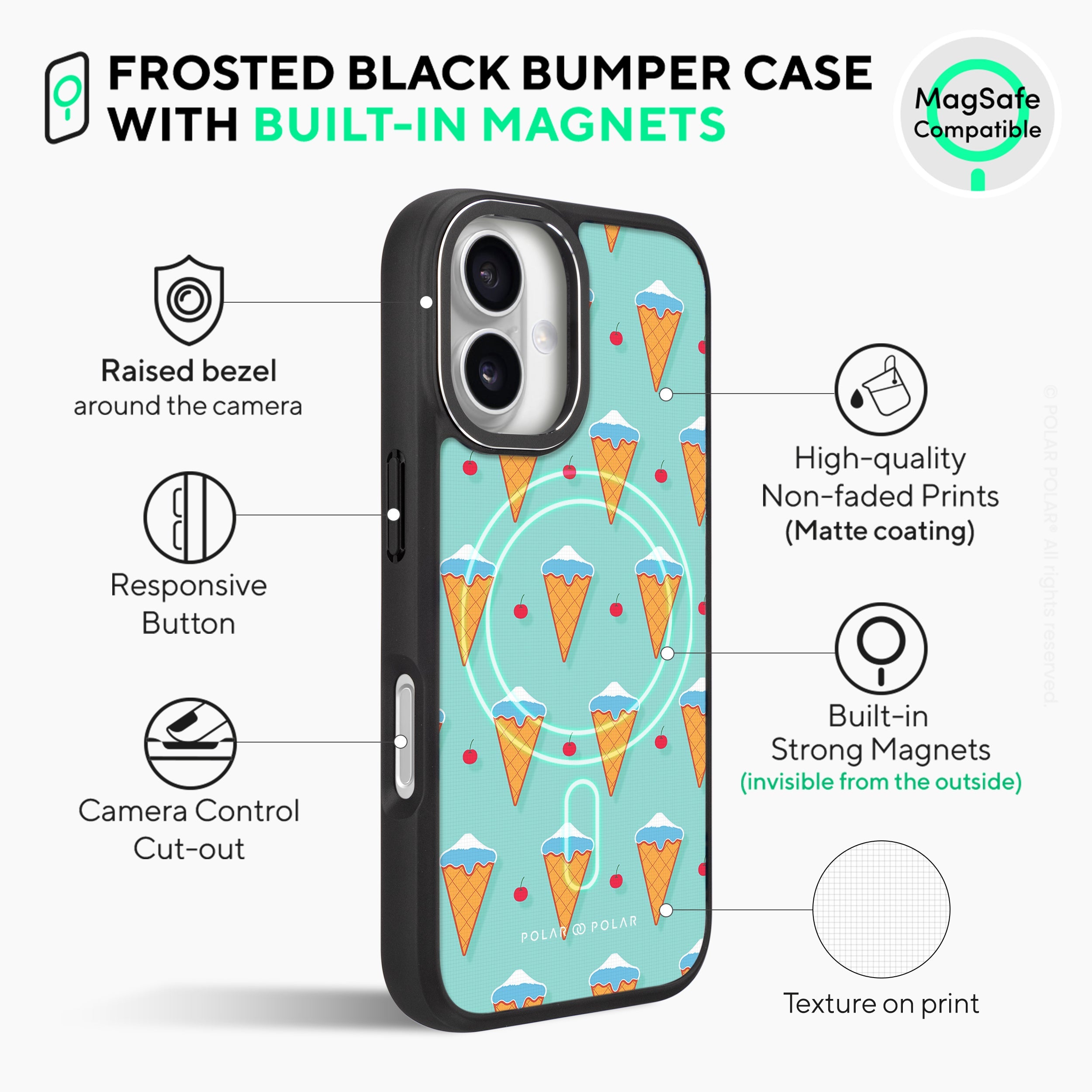 Fujisan Lake Blue Ice Cream - iPhone 16 Frosted Black Bumper MagSafe Case