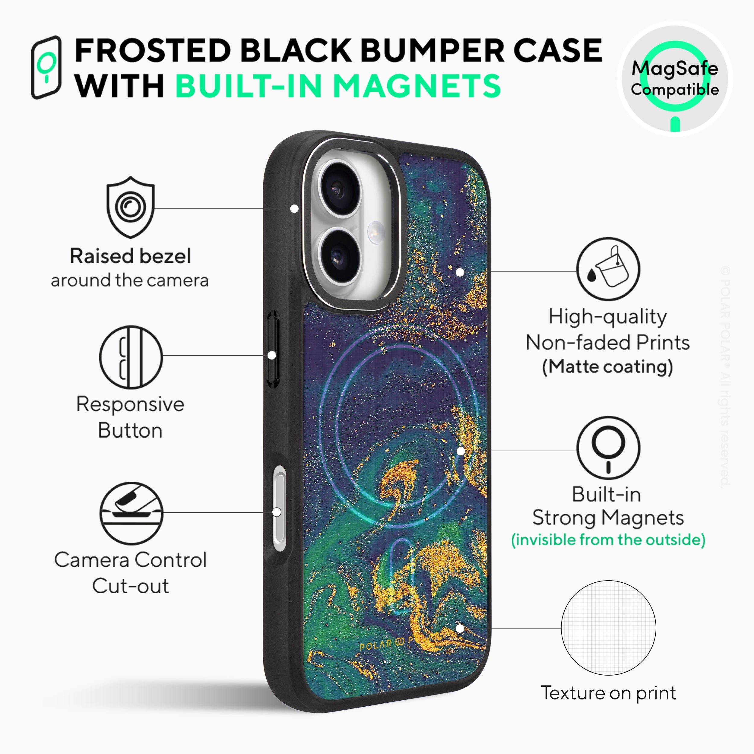 Green Night Quicksand - iPhone 16 Frosted Black Bumper MagSafe Case