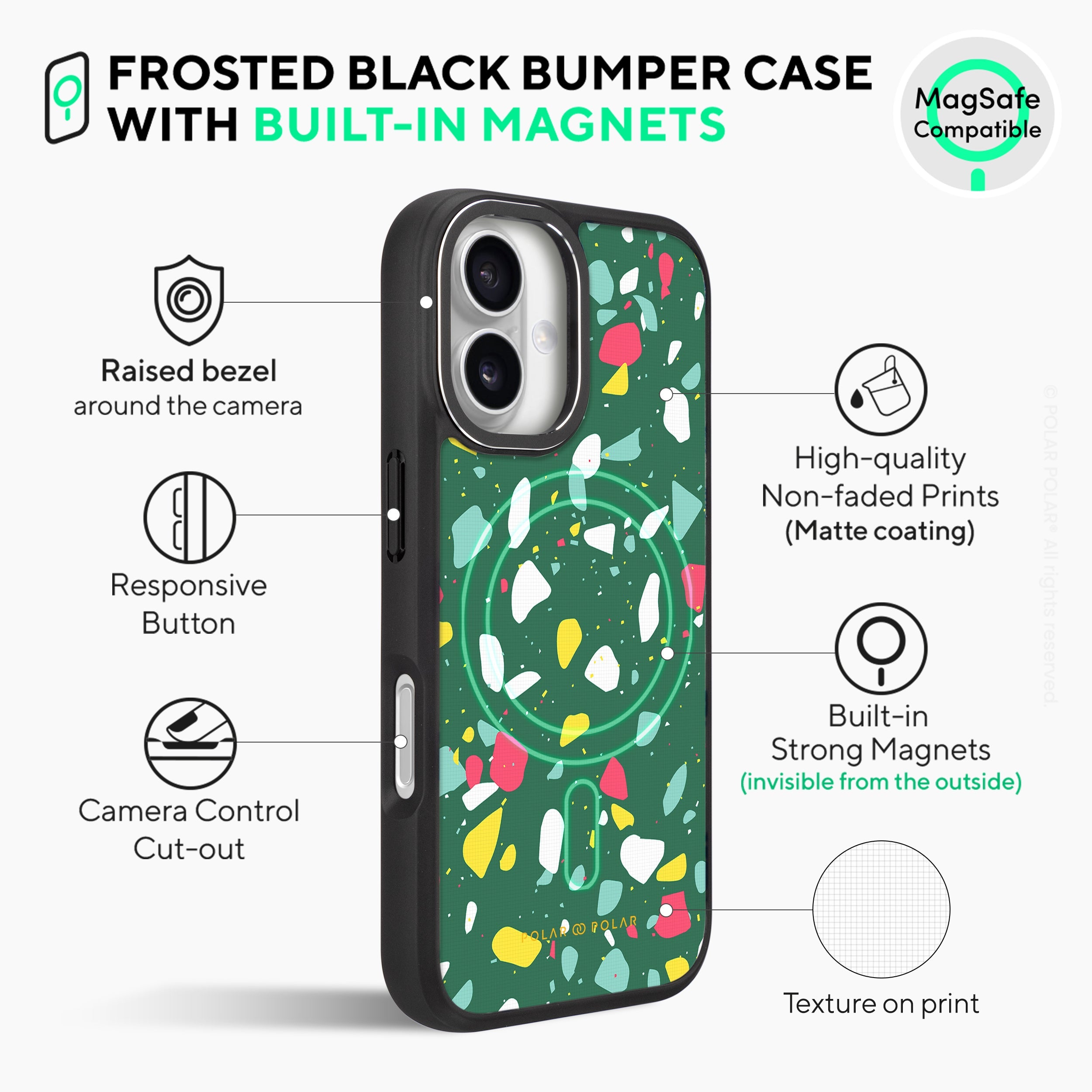 Greenfield Terrazzo - iPhone 16 Plus Frosted Black Bumper MagSafe Case