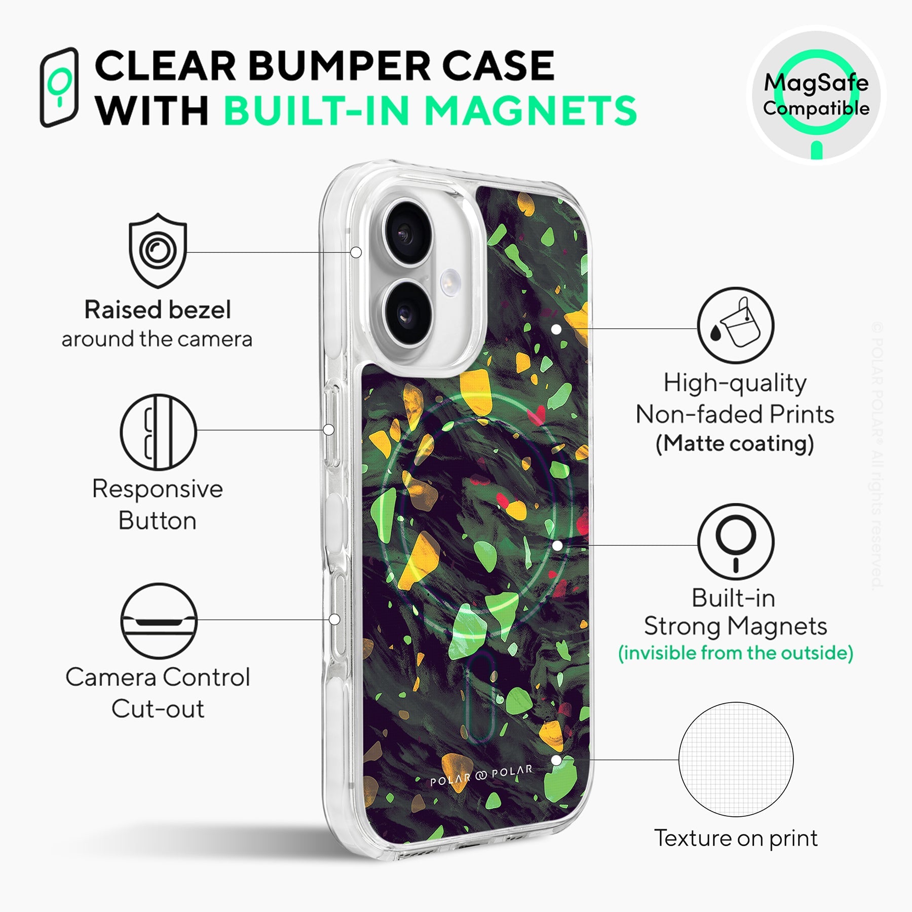 Malachite Terrazzo Gem - iPhone 16 Clear Bumper MagSafe Case