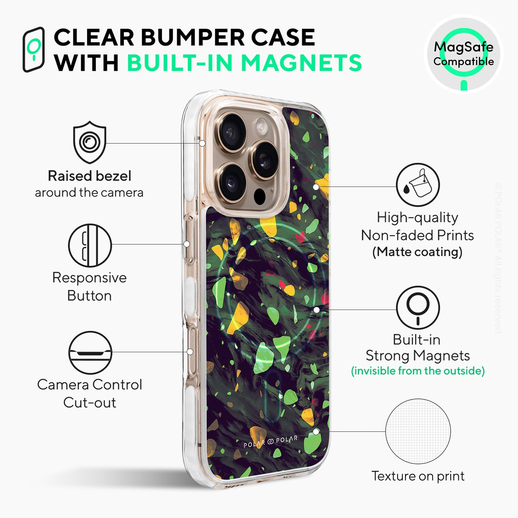 Malachite Terrazzo Gem - iPhone 16 Pro Max Clear Bumper MagSafe Case