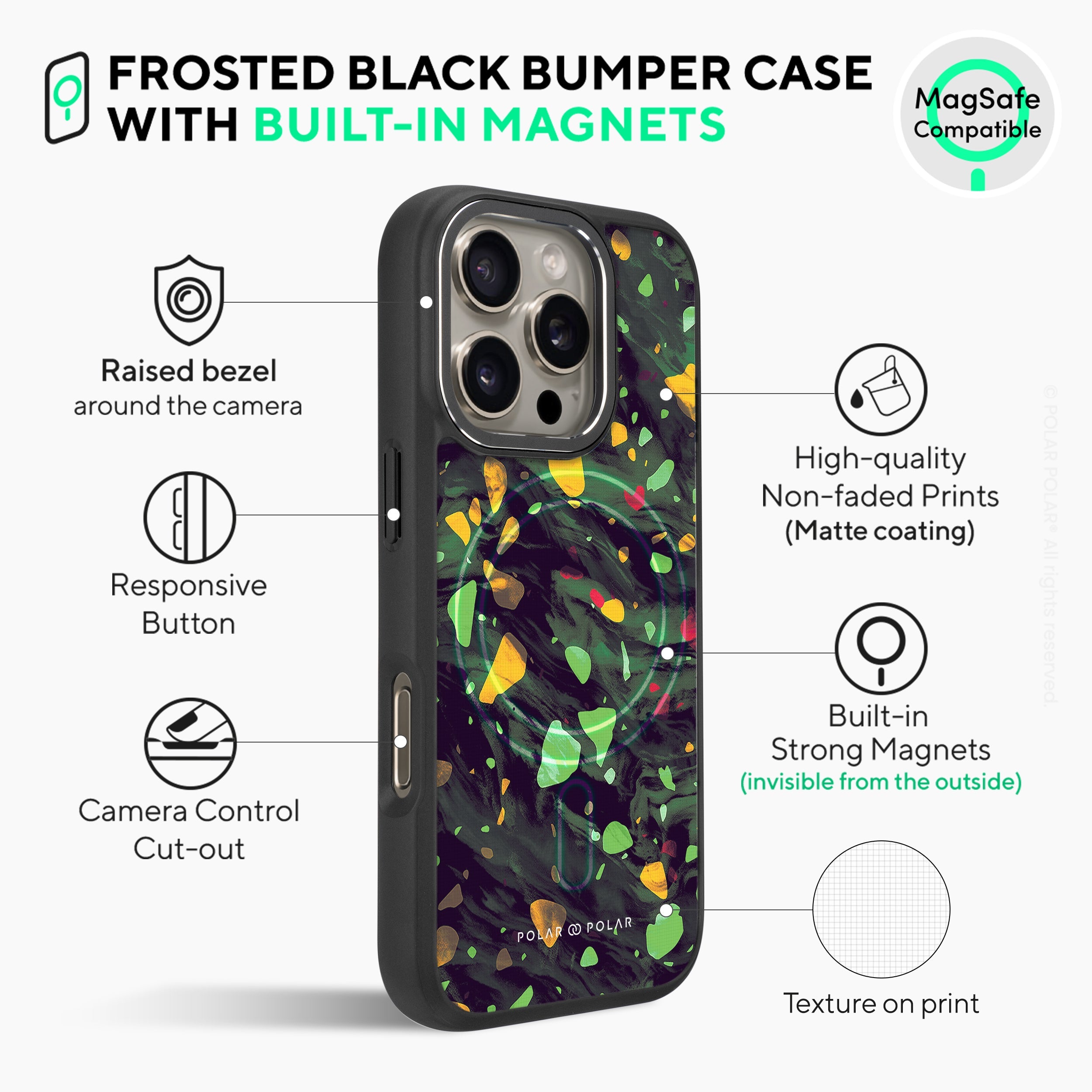 Malachite Terrazzo Gem - iPhone 16 Pro Max Frosted Black Bumper MagSafe Case