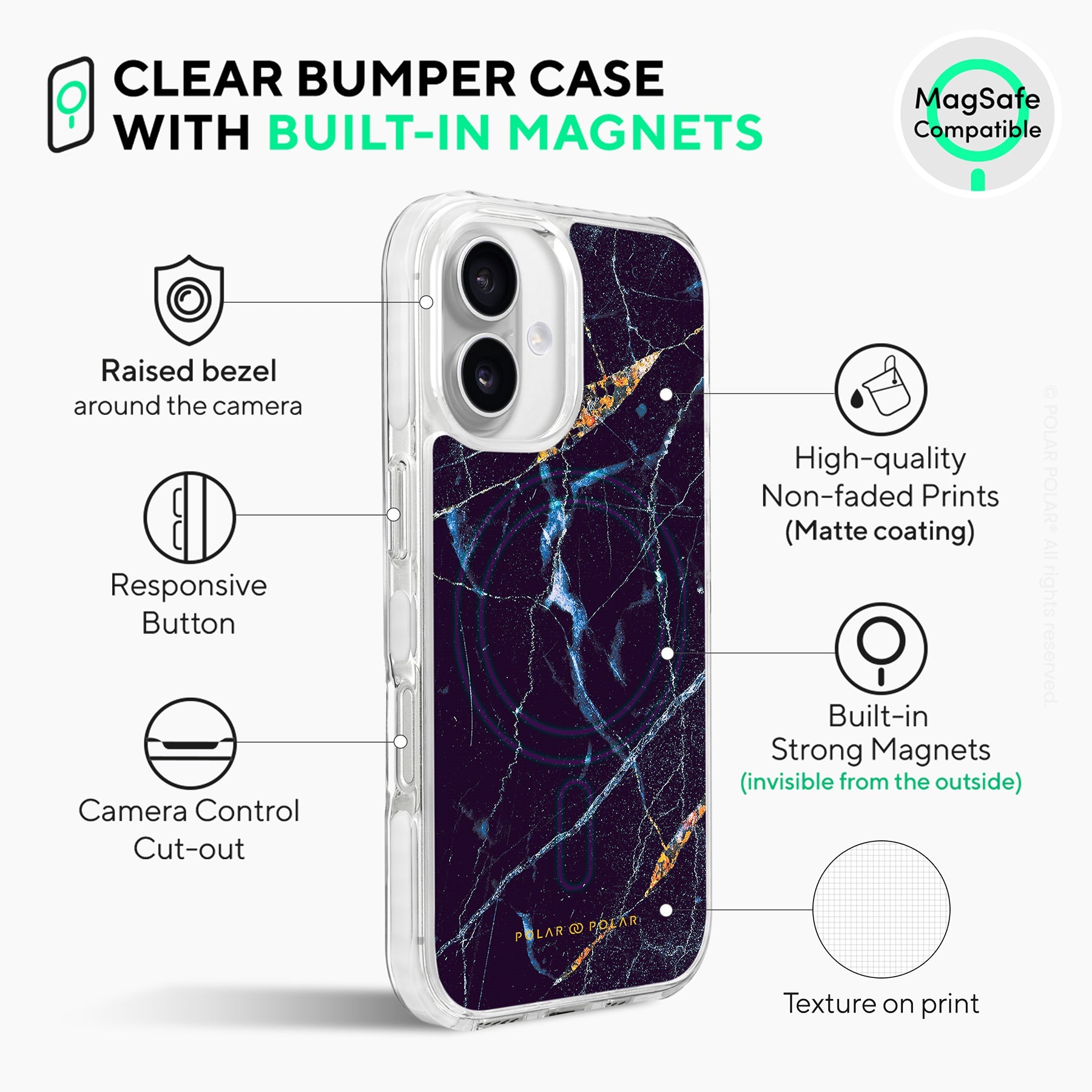 Midnight Marble - iPhone 16 Clear Bumper MagSafe Case