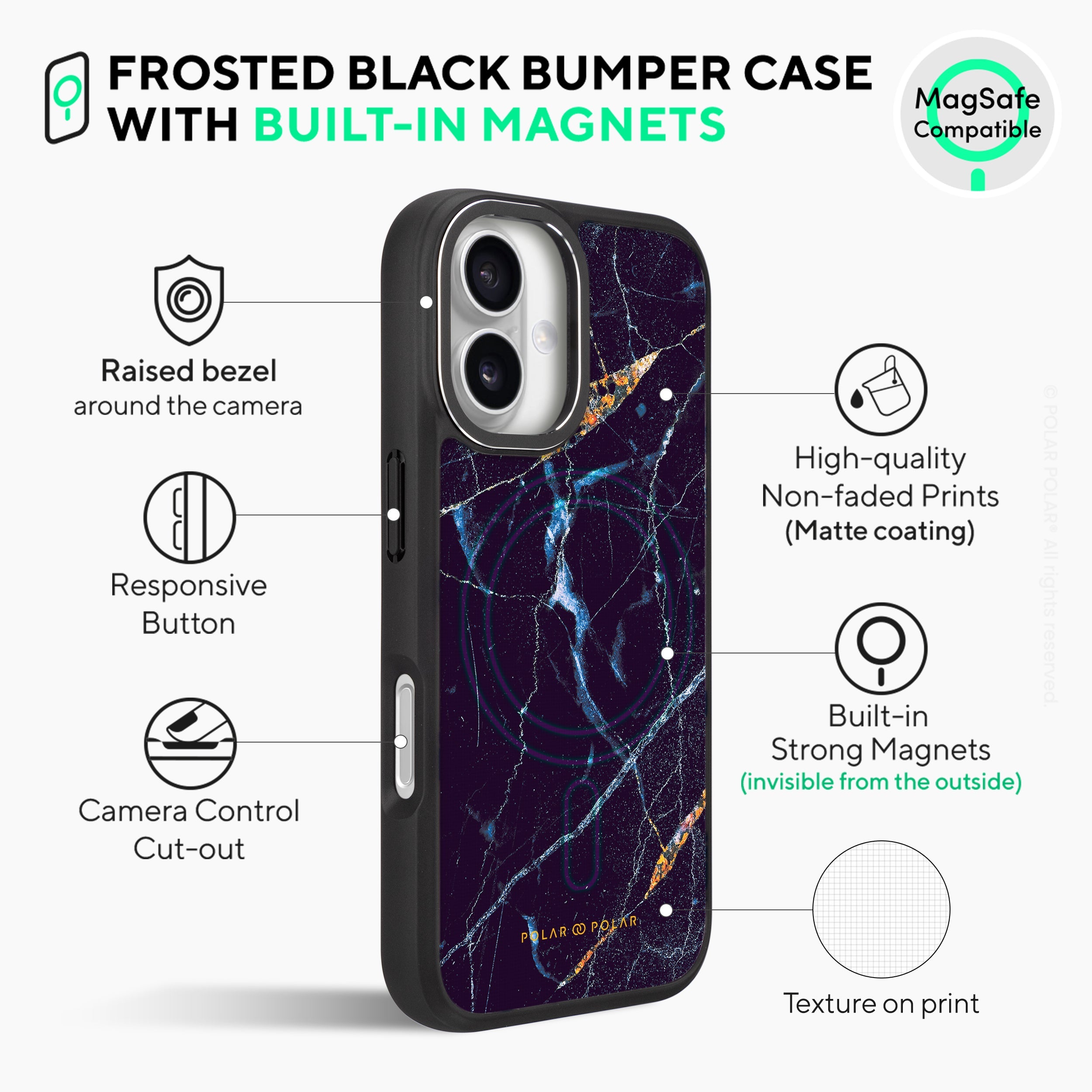 Midnight Marble - iPhone 16 Frosted Black Bumper MagSafe Case