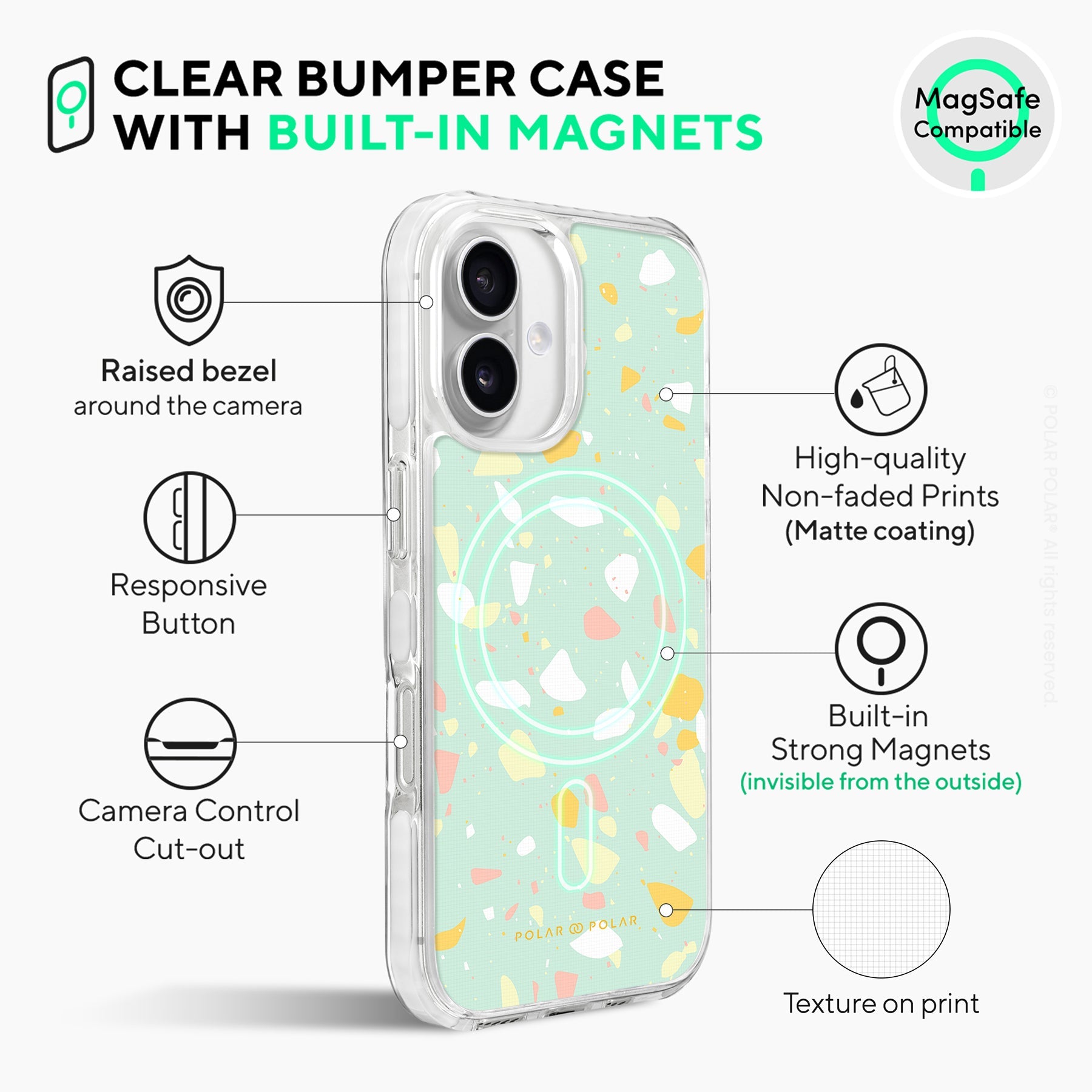 Mist Green Terrazzo - iPhone 16 Plus Clear Bumper MagSafe Case