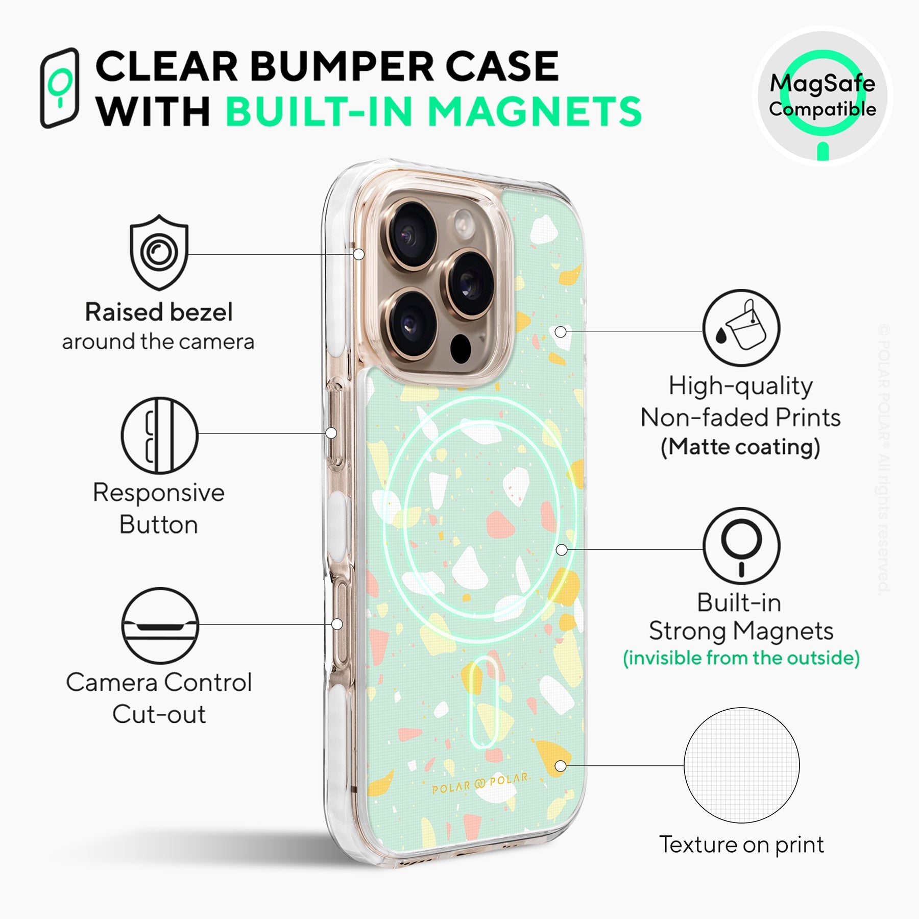 Mist Green Terrazzo - iPhone 16 Pro Max Clear Bumper MagSafe Case