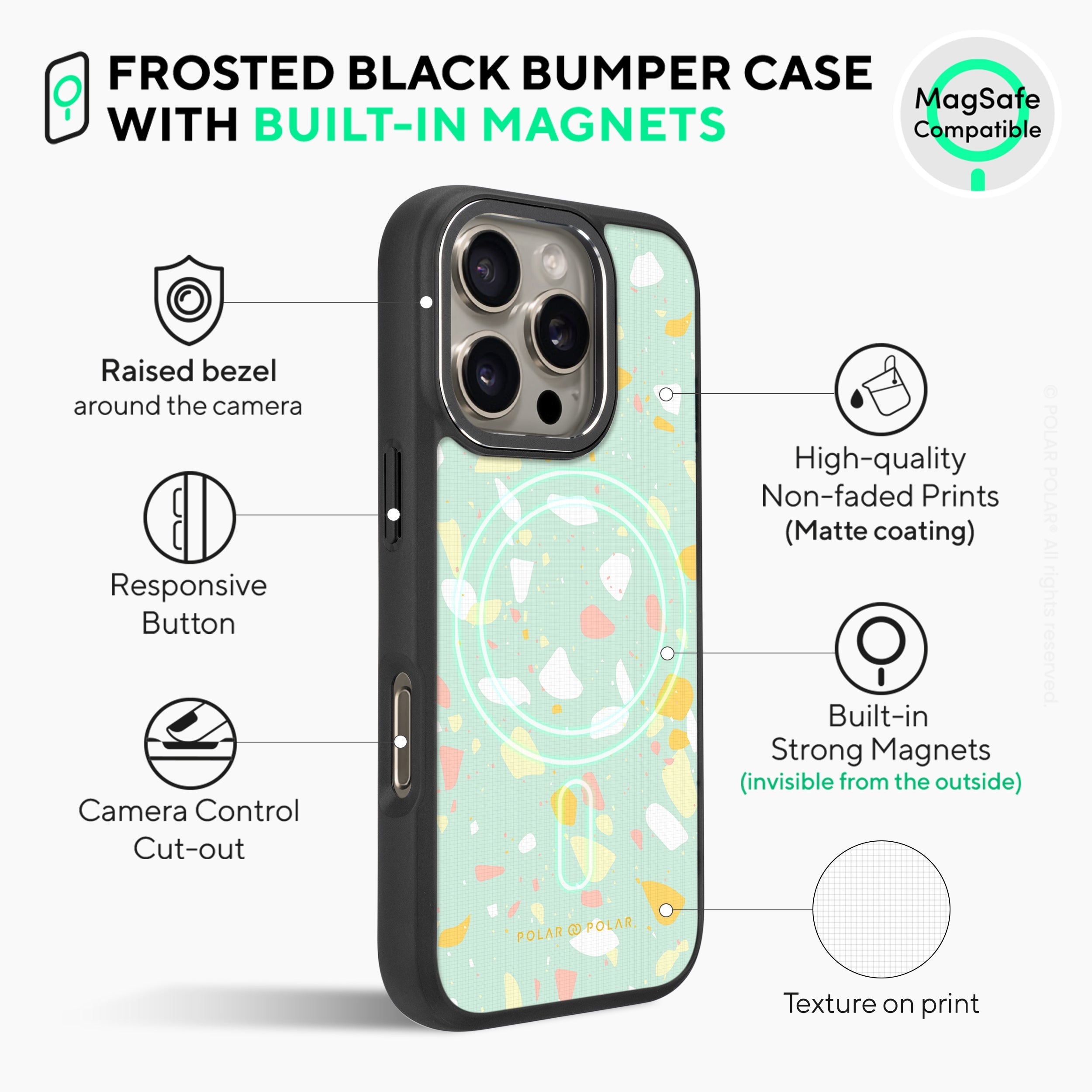 Mist Green Terrazzo - iPhone 16 Pro Max Frosted Black Bumper MagSafe Case