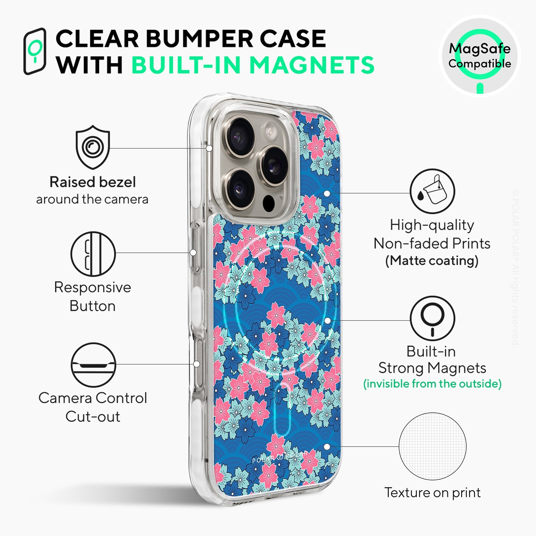 Navy Sakura Wave - iPhone 16 Pro Max Clear Bumper MagSafe Case