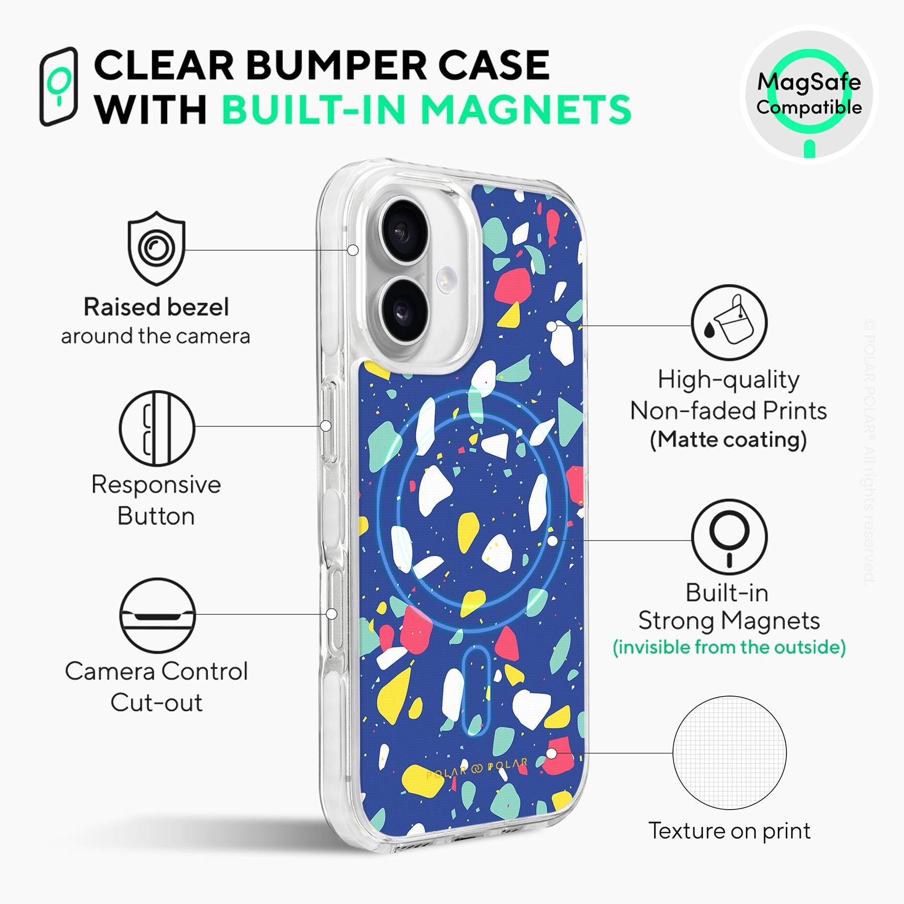 Royal Blue Terrazzo - iPhone 16 Plus Clear Bumper MagSafe Case