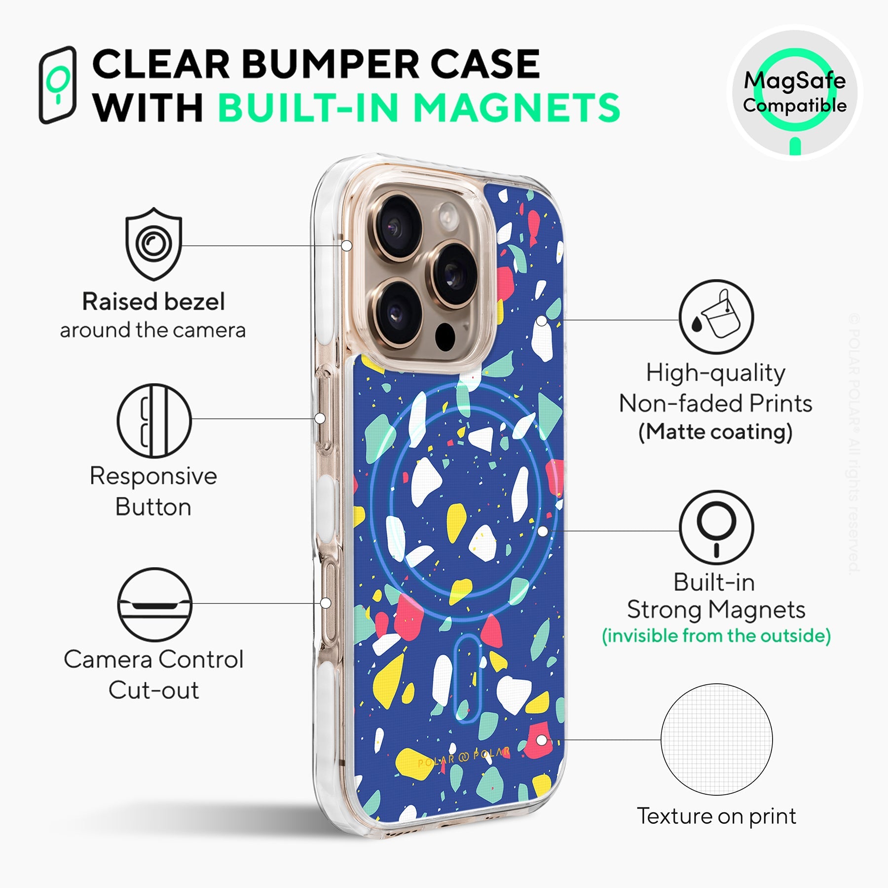 Royal Blue Terrazzo - iPhone 16 Pro Clear Bumper MagSafe Case