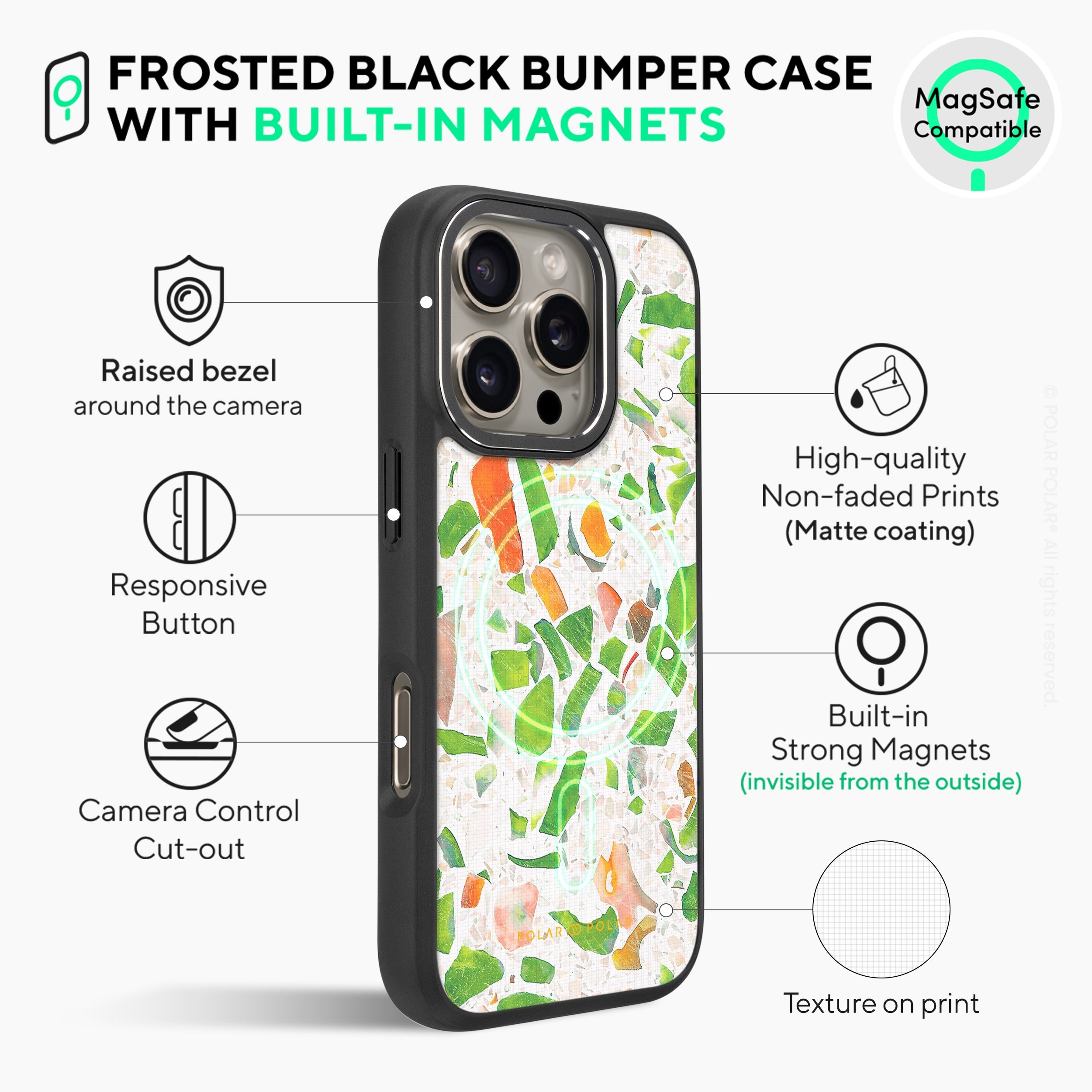 Terrazzo Green - iPhone 16 Pro Max Frosted Black Bumper MagSafe Case