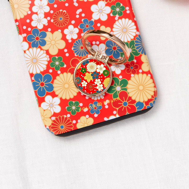日系橙紅花紋 客製化 手機扣環支架